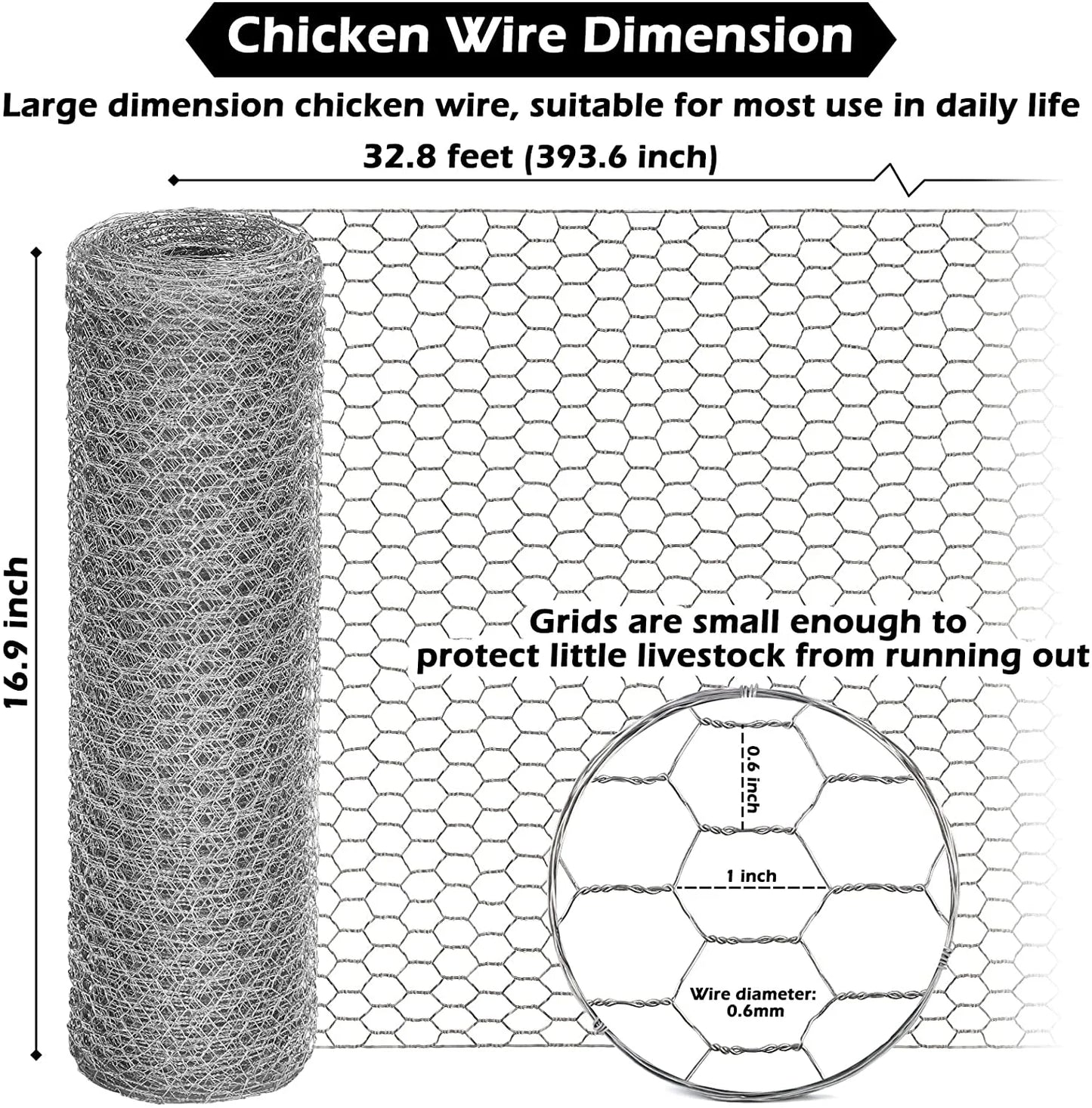 Chicken Wire Fencing, 16.9Inx32.8Ft Mesh Chicken Wire Mesh, 0.6'' Fences Hexagonal Hardware Cloth for Rabbit Cage, Silver Landscape